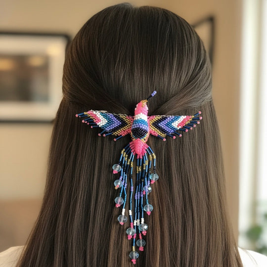 Pink white blue Hummingbird Barrette with Fringes