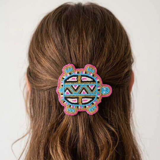 Beaded turtle Barrette Blue accent