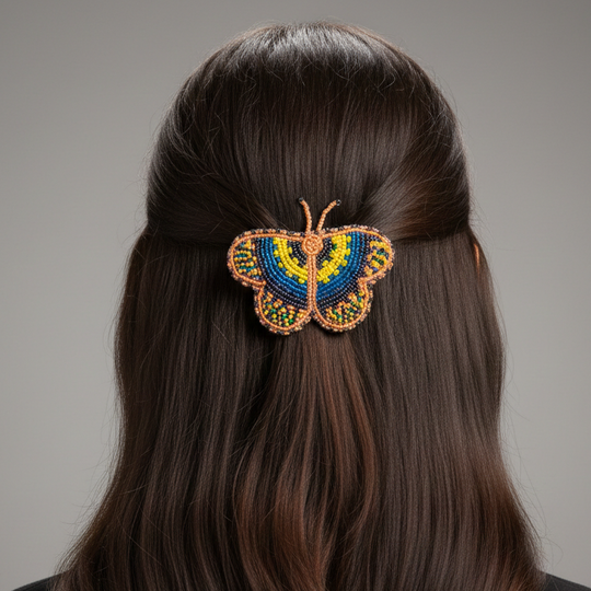 Peach and Yellow Butterfly Beaded Barrette