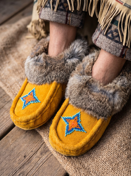 Yellow Moccasins with Beadwork (Size 8)