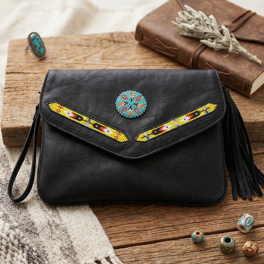 Leather beaded Crossbody bag(Black)