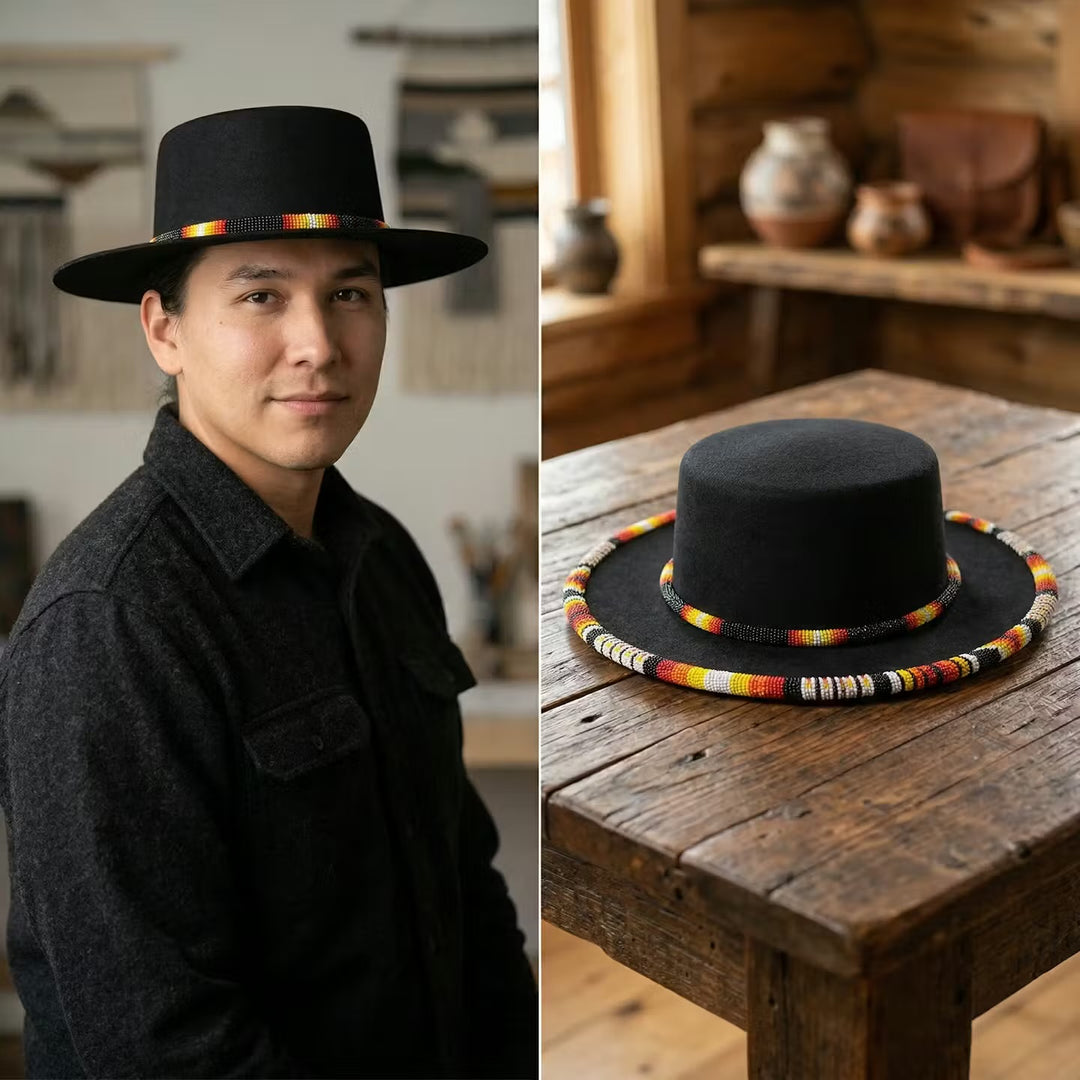 Size-62 Beaded Flat-Brim Felt Hat