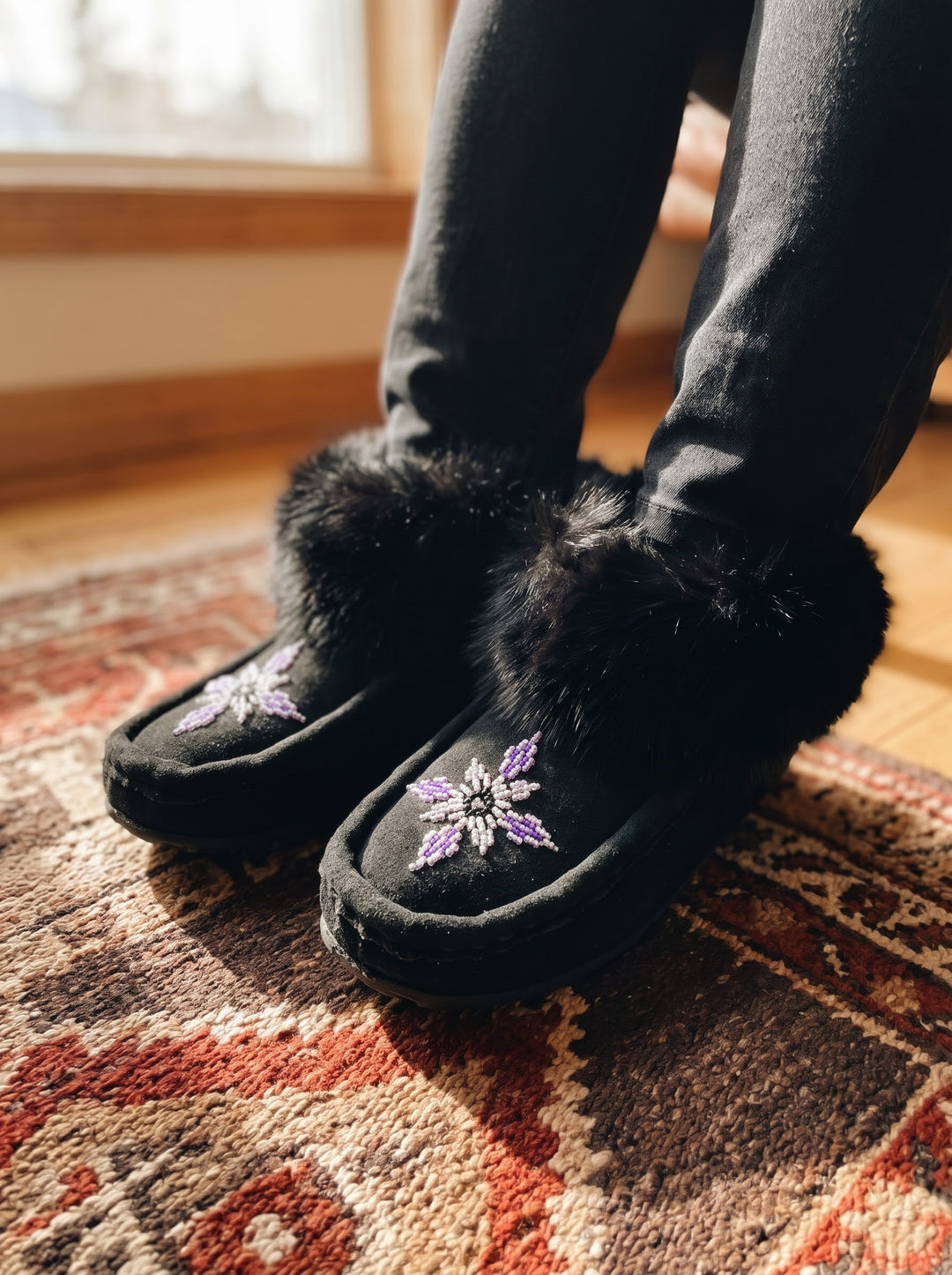 Black Moccasins with Beadwork (Size 7)