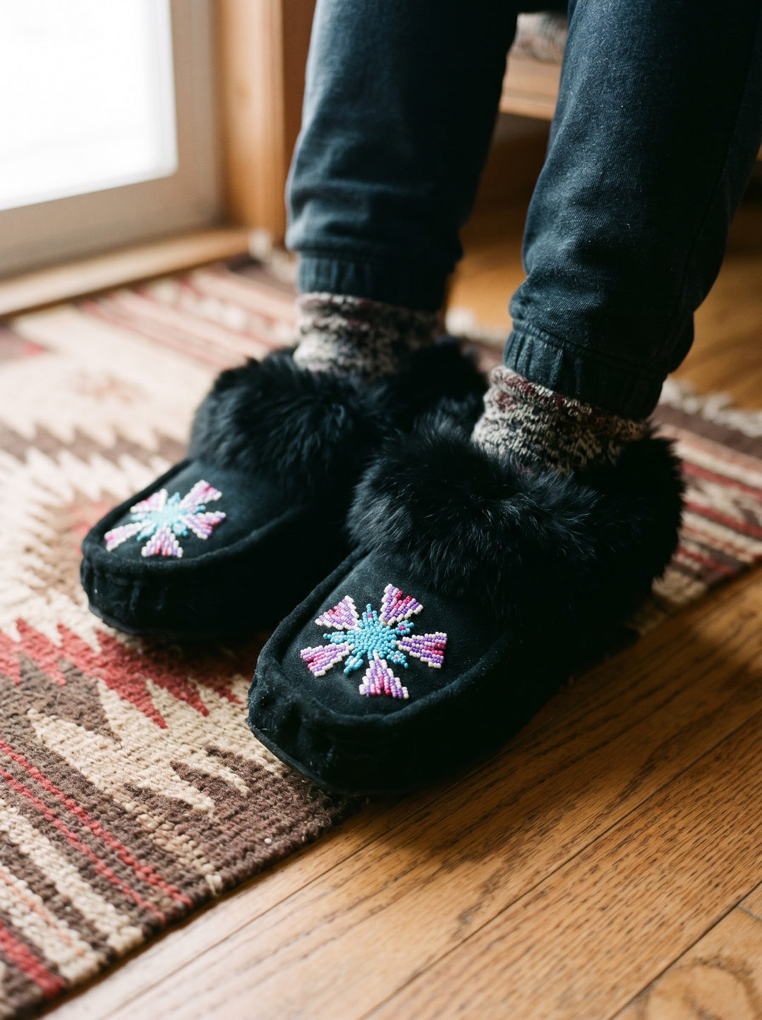 Black Moccasins with Beadwork (Size 10)