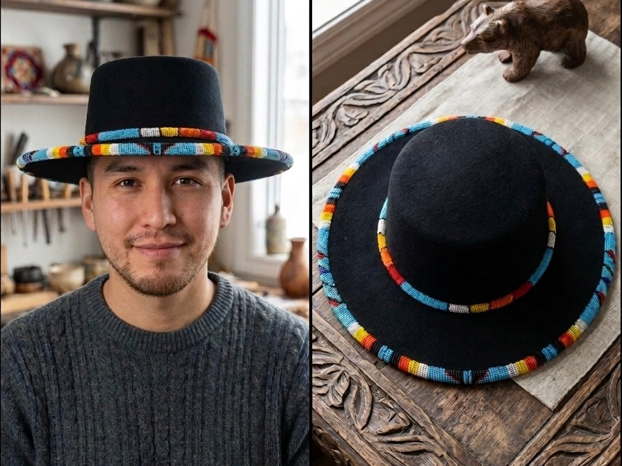 OLDTRIBES Size-57 Beaded Flat-Brim Felt Hat(BLACK)