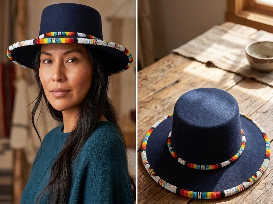 OLDTRIBES Size- 56 Beaded Flat-Brim Felt Hat