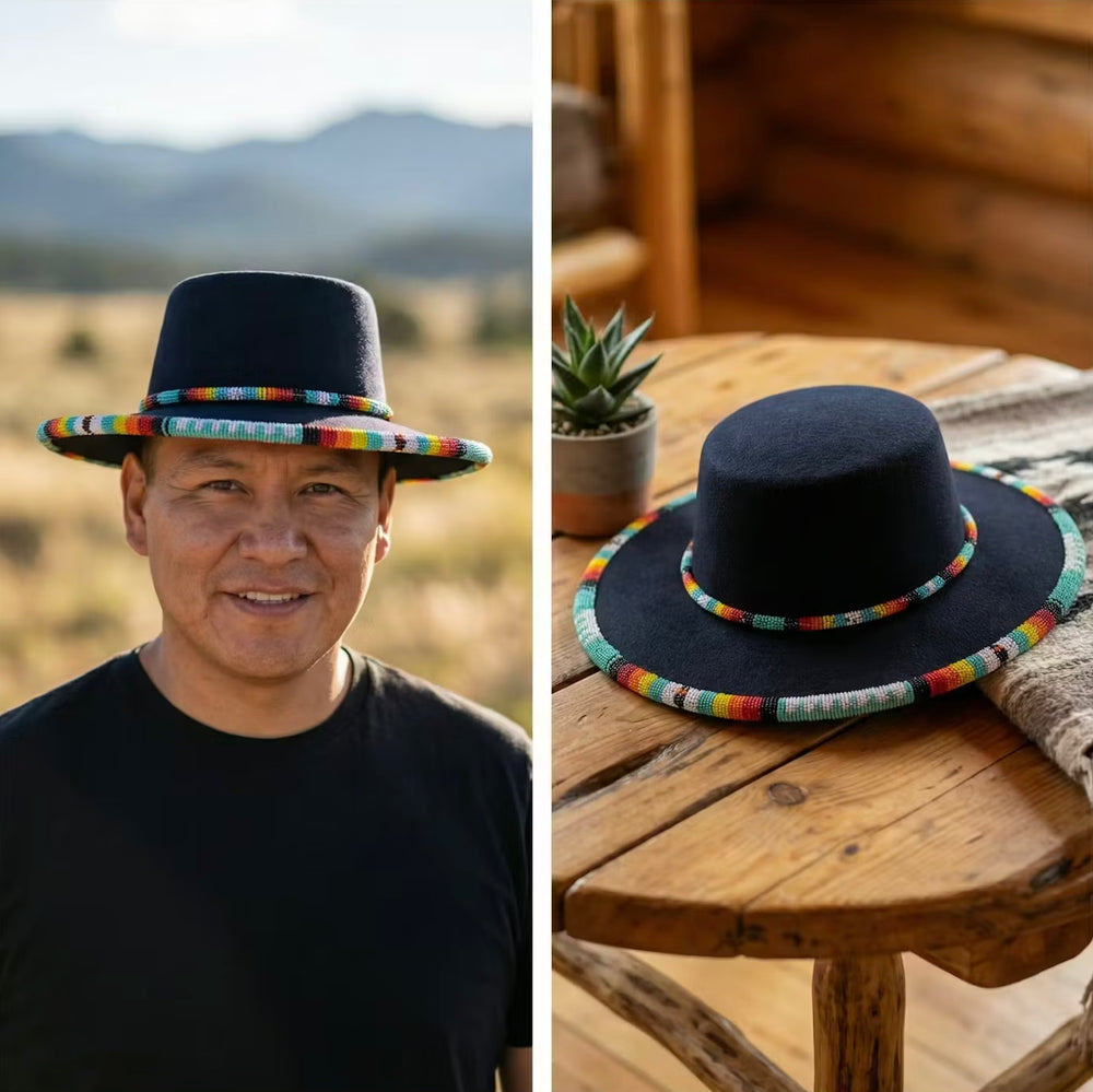 Size-58 Beaded Flat-Brim Felt Hat