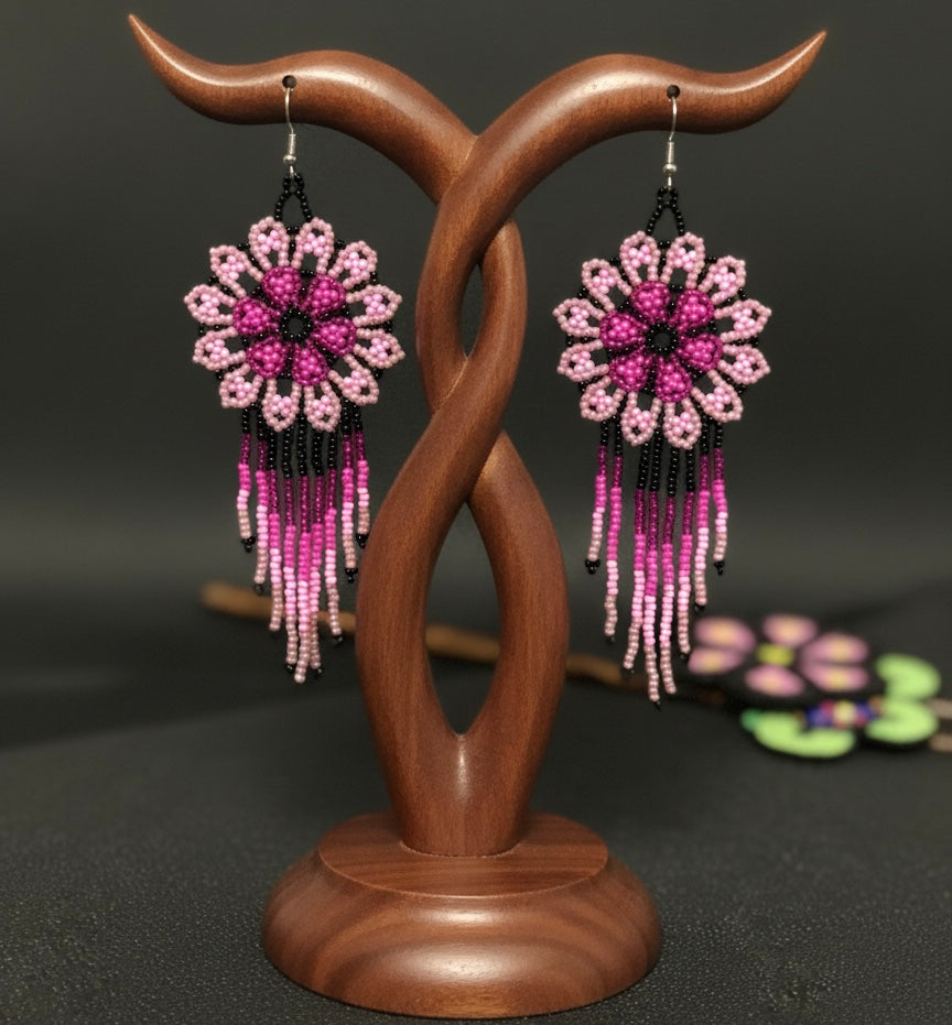 Pink black Flower beaded Earrings