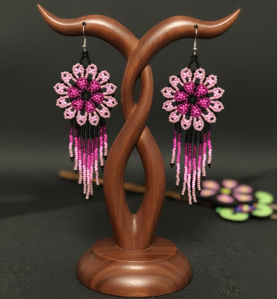 Pink black Flower beaded Earrings