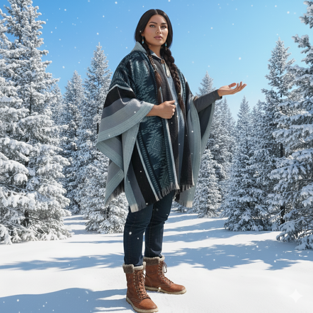 Seagreen Black Soft Handmade Wool Ponchos