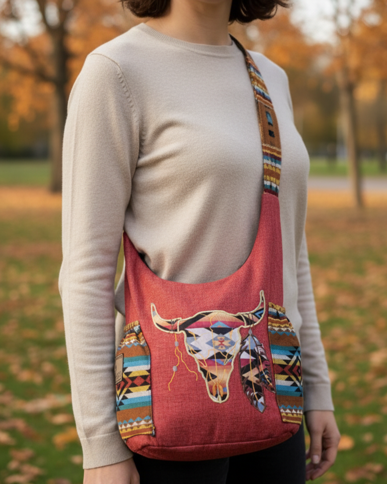 Buffalo  Skull Embroidered Crossbody Bag