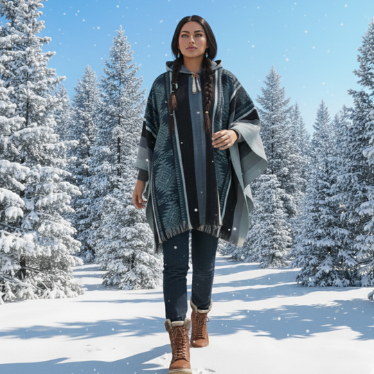 Seagreen Black Soft Handmade Wool Ponchos