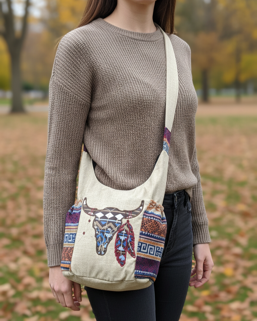 Buffalo  Skull Embroidered Crossbody Bag