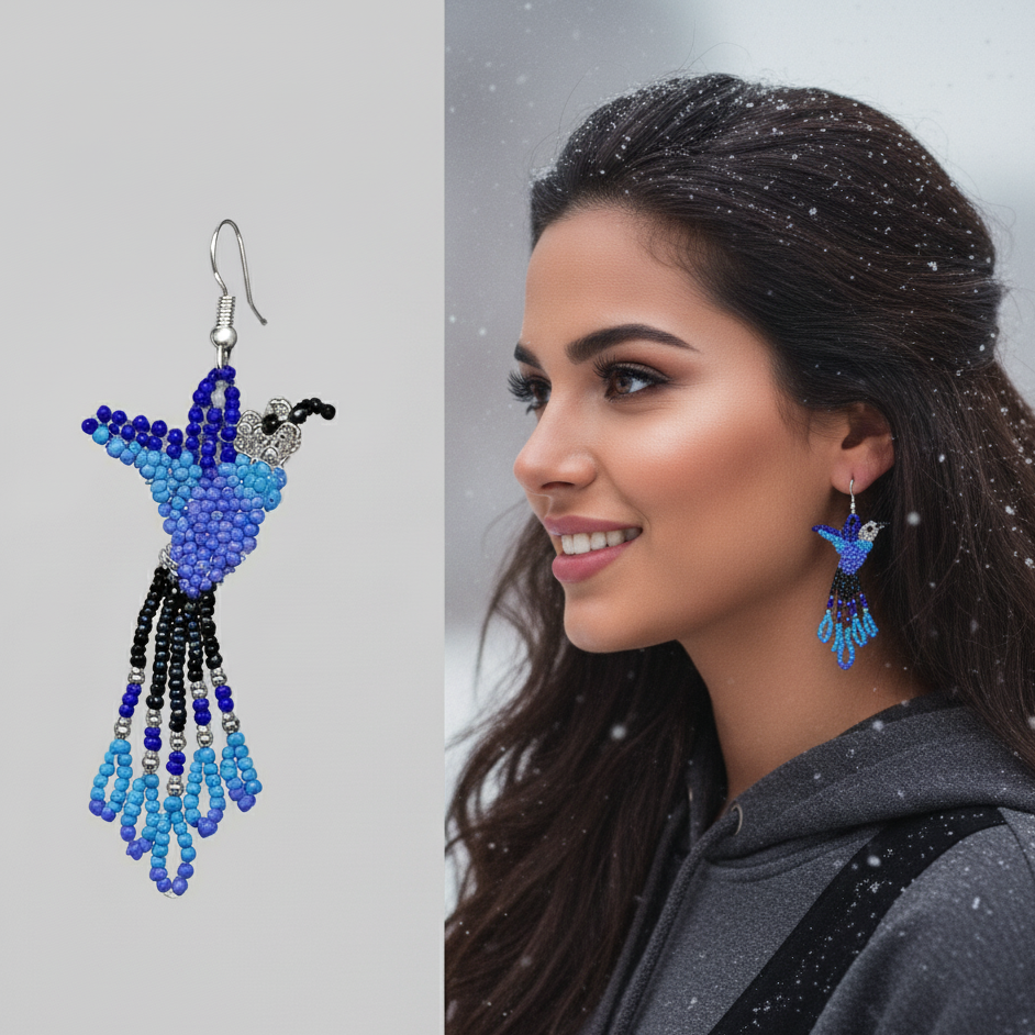 Handmade Beaded Hummingbird Earrings – Blue