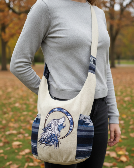 Howling Wolf Embroidered Crossbody Bag
