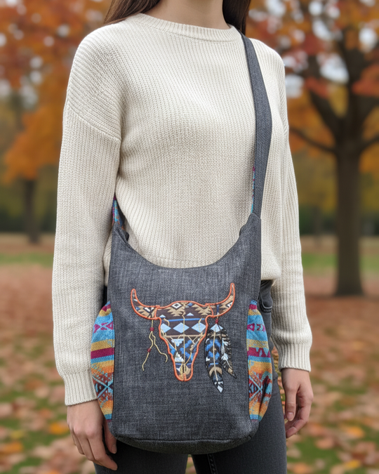 Buffalo  Skull Embroidered Crossbody Bag