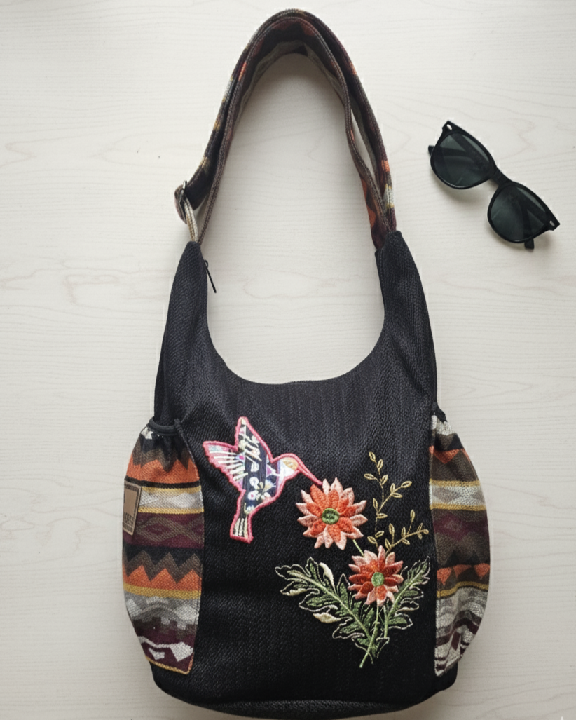 Dancing Hummingbird Embroidered Crossbody Bag