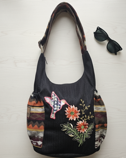 Dancing Hummingbird Embroidered Crossbody Bag
