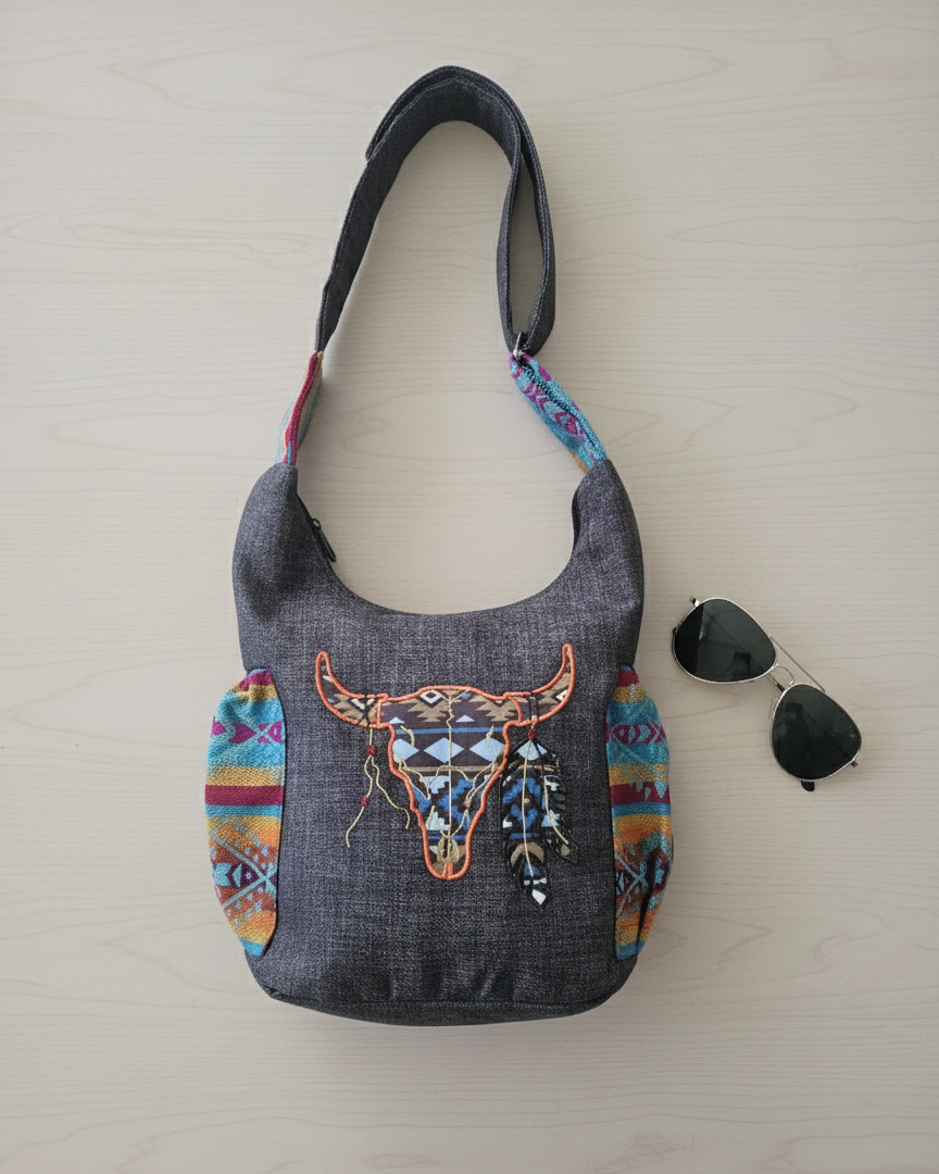 Buffalo  Skull Embroidered Crossbody Bag