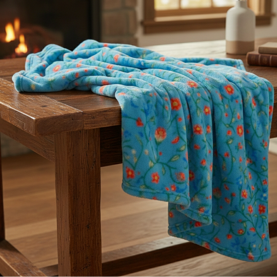 Anishinaabe Enchantment" turquoise Floral Plush Throw Blanket