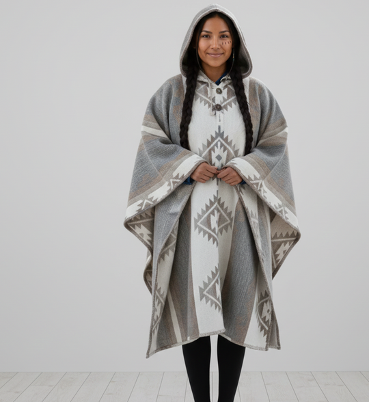 Grey and white AZTEC Wool Ponchos