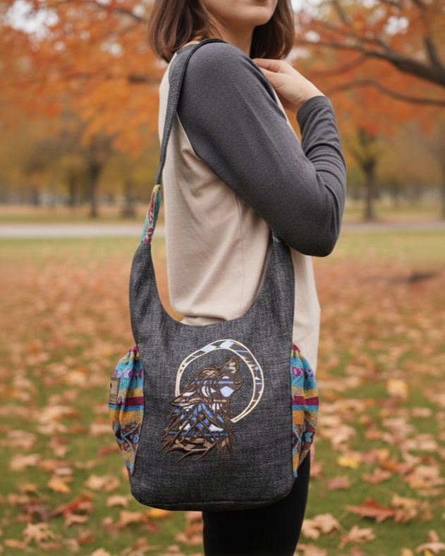 Howling Wolf Embroidered Crossbody Bag