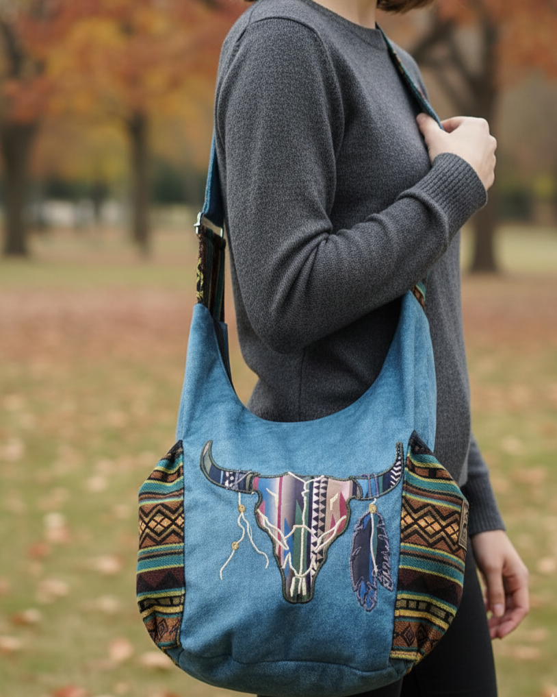 Buffalo  Skull Embroidered Crossbody Bag