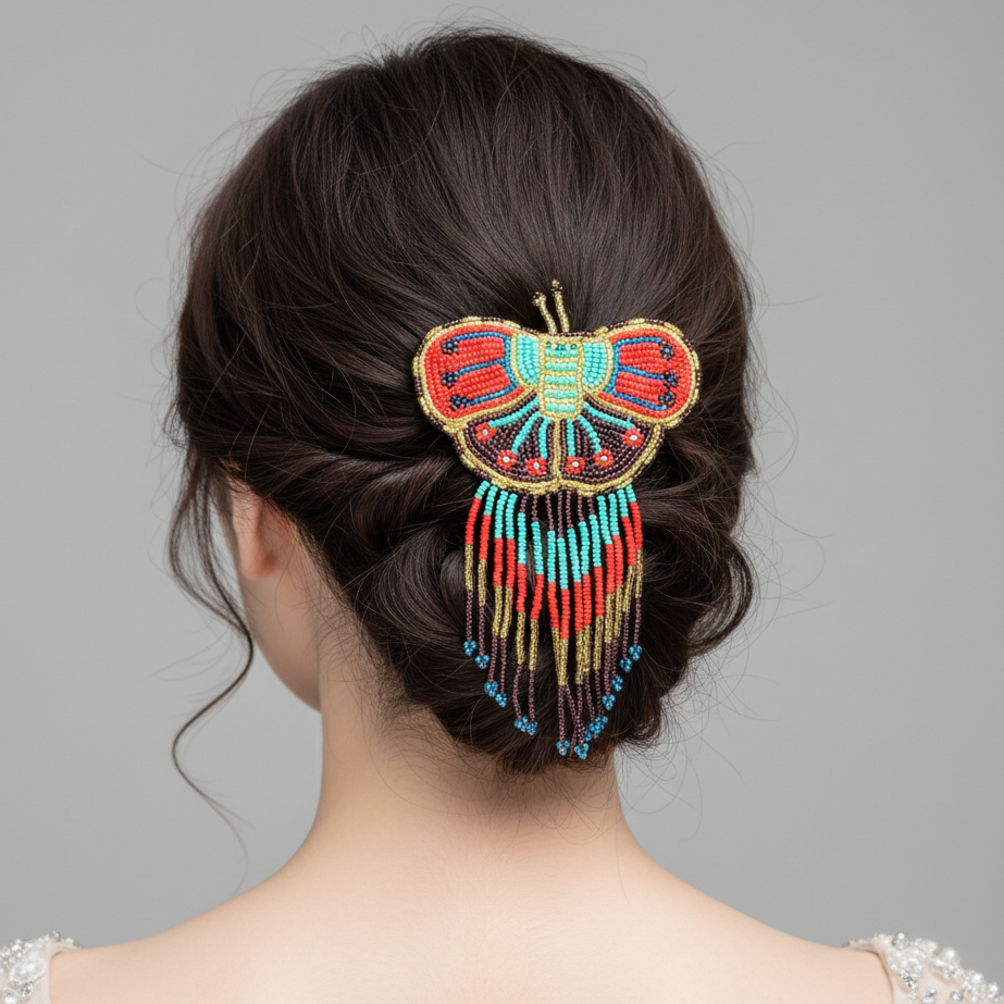 Butterfly Beaded Barrettes with Fringes Red & Purple
