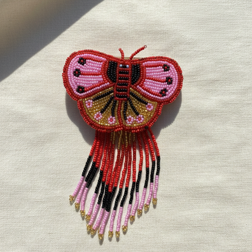 Butterfly Beaded Barrettes with Fringes - Pink & Red
