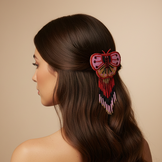 Butterfly Beaded Barrettes with Fringes - Pink & Red