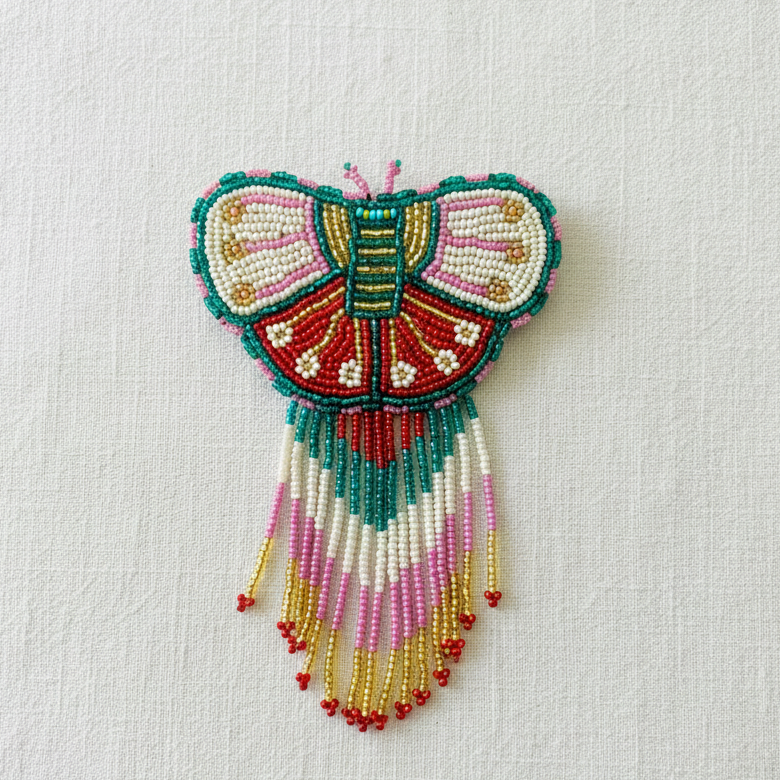 Butterfly Beaded Barrettes with Fringes - Green & Pink
