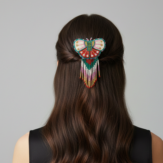 Butterfly Beaded Barrettes with Fringes - Green & Pink