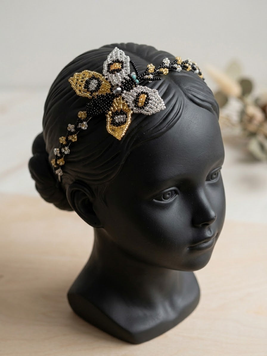 Beaded Headband with Butterfly Golden &amp; White