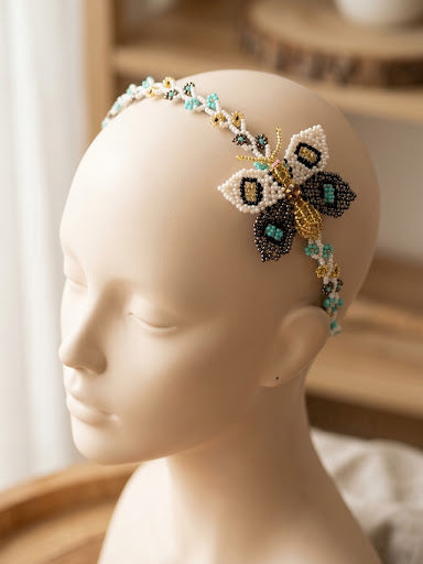 Beaded Headband with Butterfly Golden &amp; White