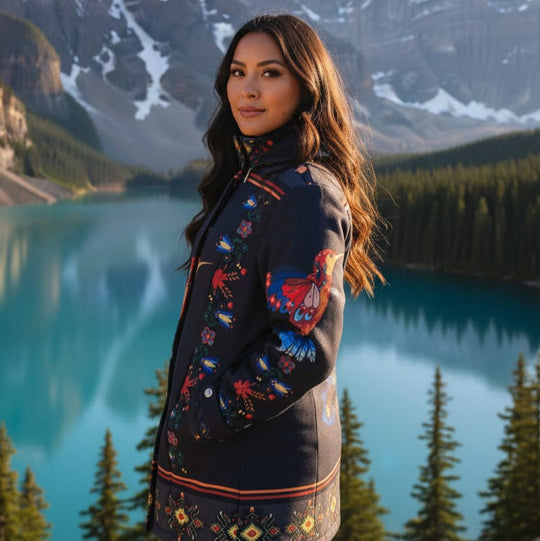 Manteau 3/4 en obsidienne à motif colibri