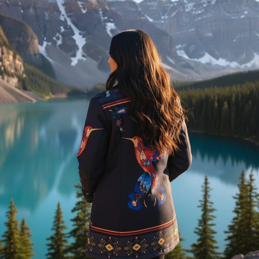 Manteau 3/4 en obsidienne à motif colibri