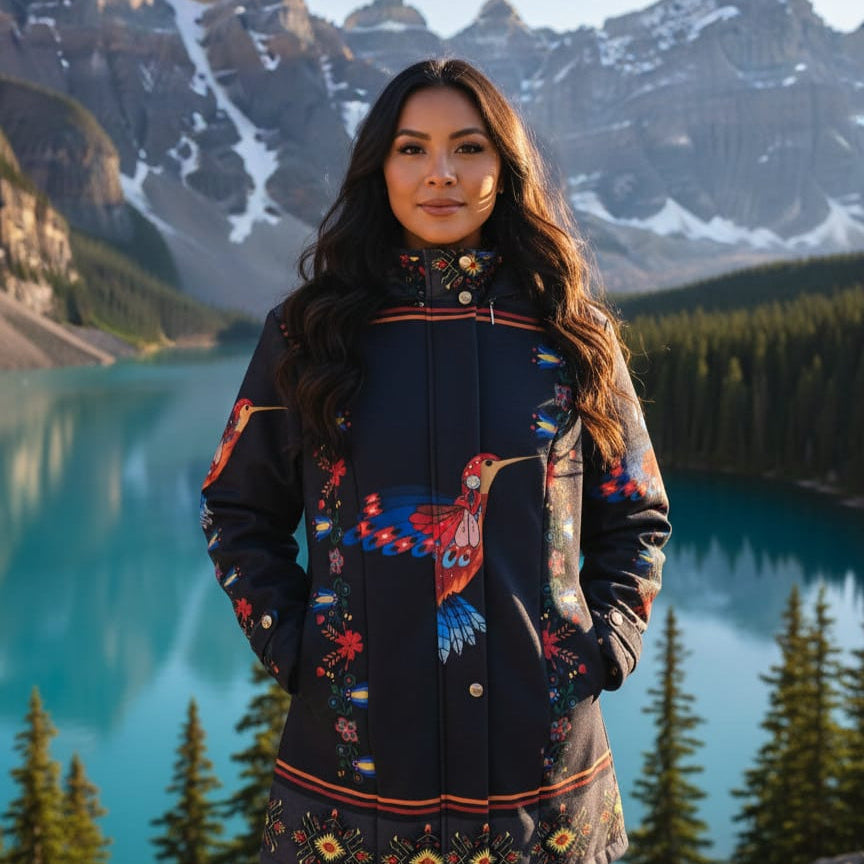 Manteau 3/4 en obsidienne à motif colibri