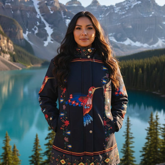 Manteau 3/4 en obsidienne à motif colibri