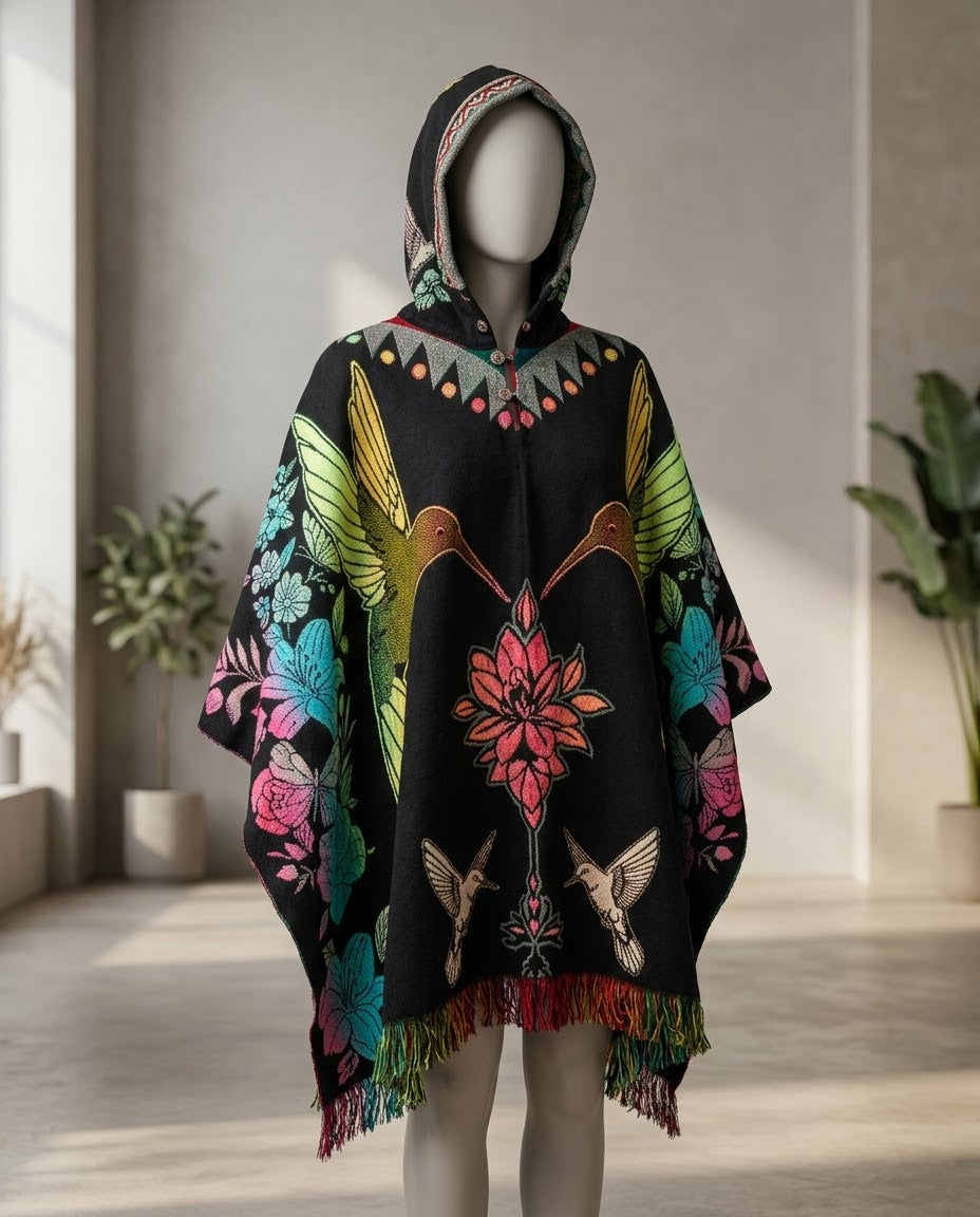 Hummingbirds  / flowers HandMade Wool Poncho