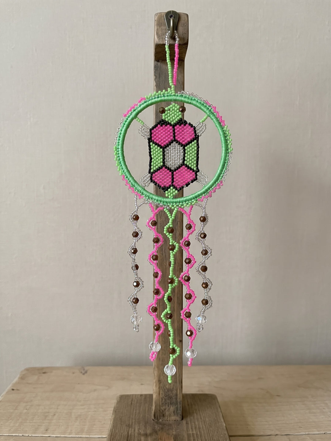 Green and Pink Beaded Turtle Ornament