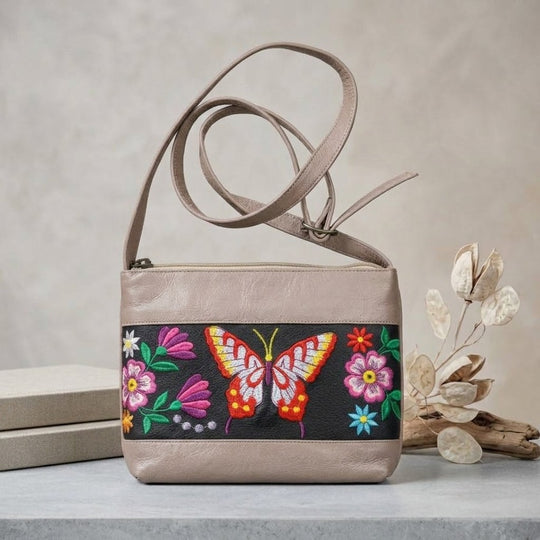 Butterfly Embroidered Leather Crossbody Bag