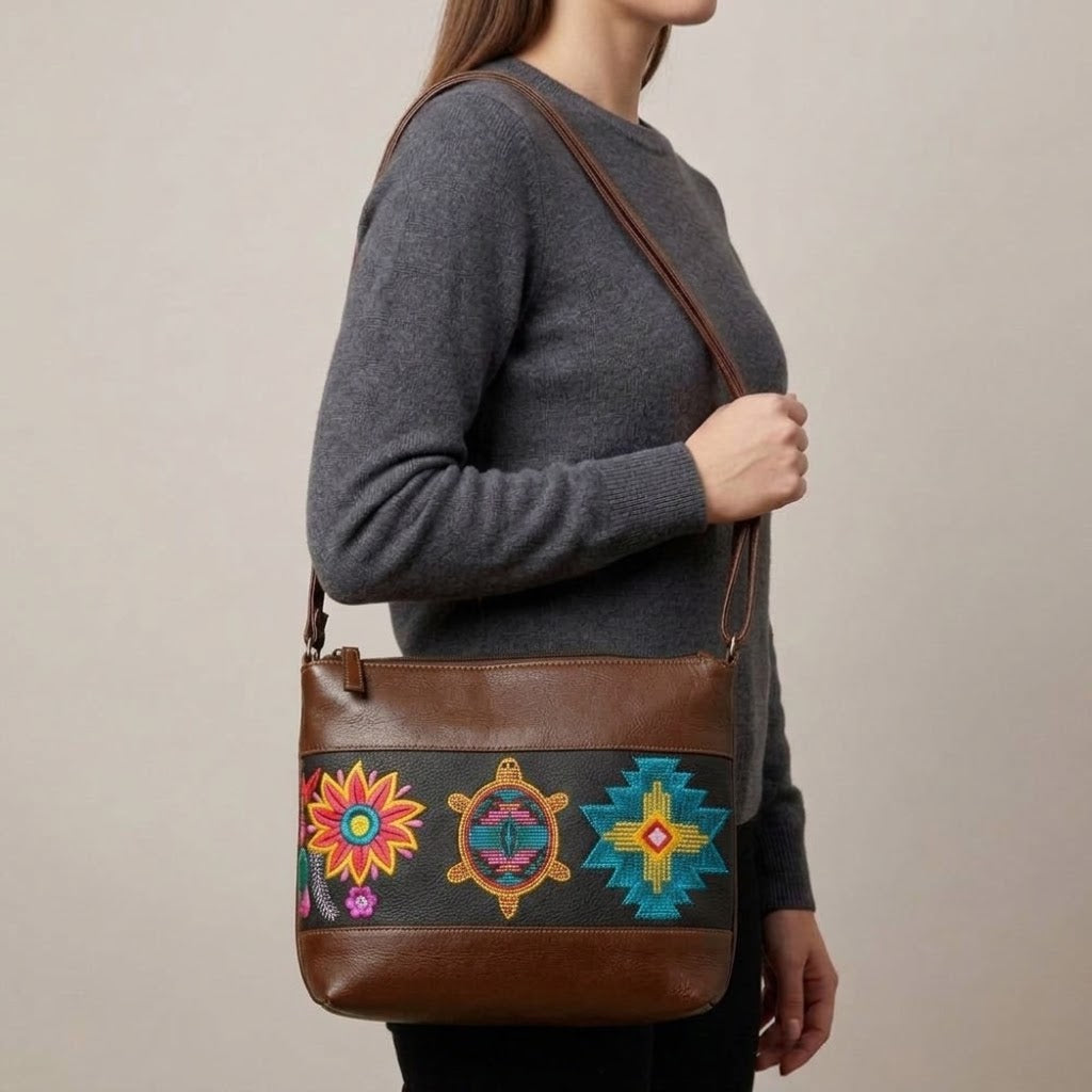 Turtle Embroidered Leather Crossbody Bag