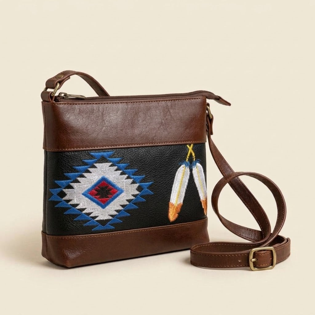 Feather Embroidered Leather Crossbody Bag