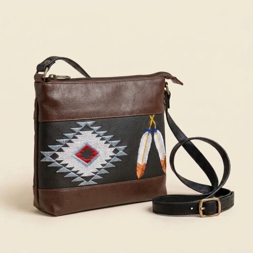 Feather Embroidered Leather Crossbody Bag