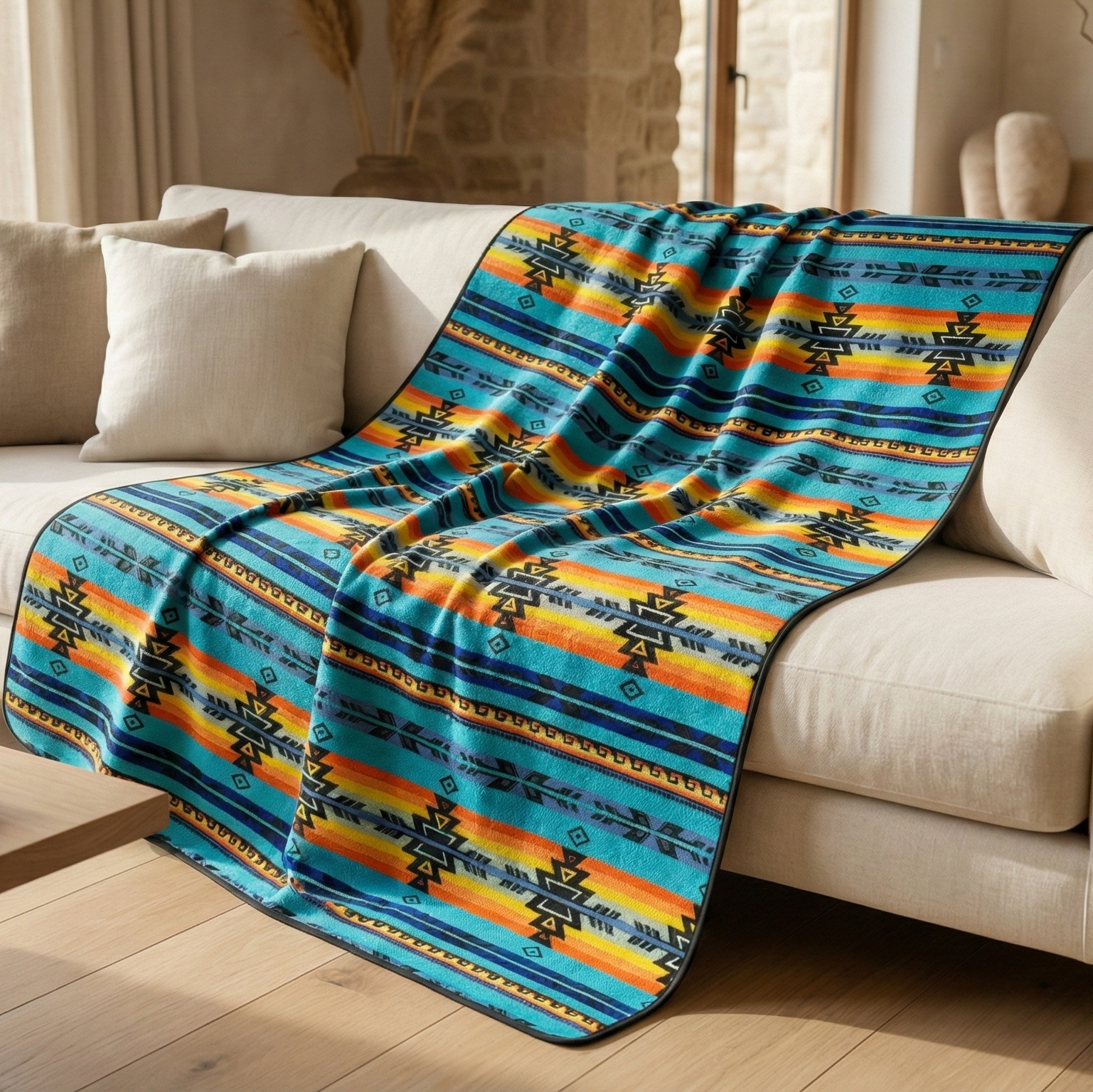 Blue and orange patterned blanket draped over a beige sofa in a living room.