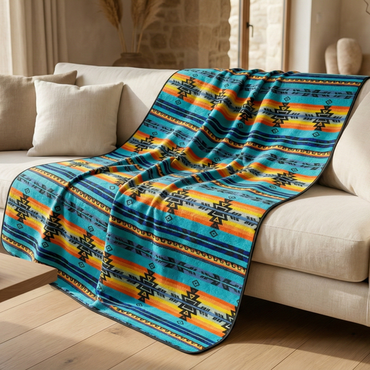 Blue and orange patterned blanket draped over a beige sofa in a living room.