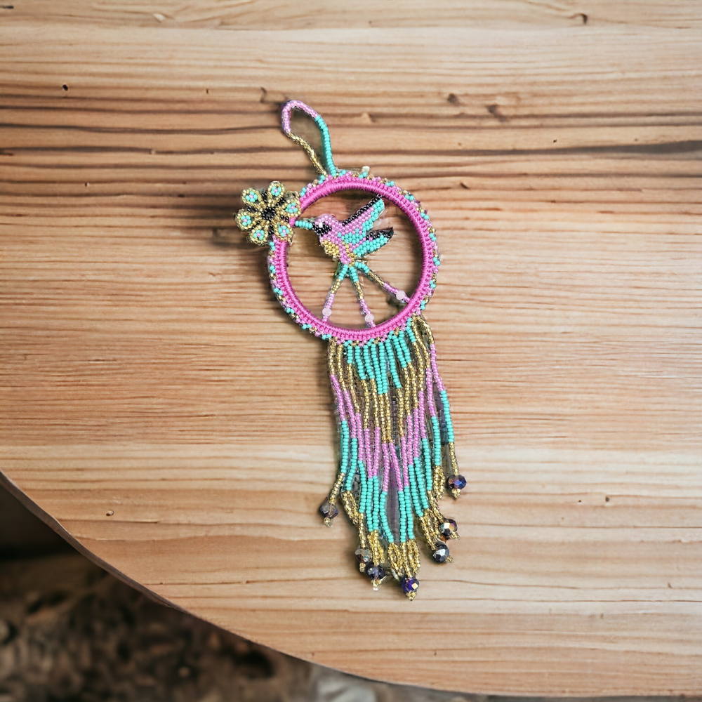 Pink and Green Native Beaded Hummingbird