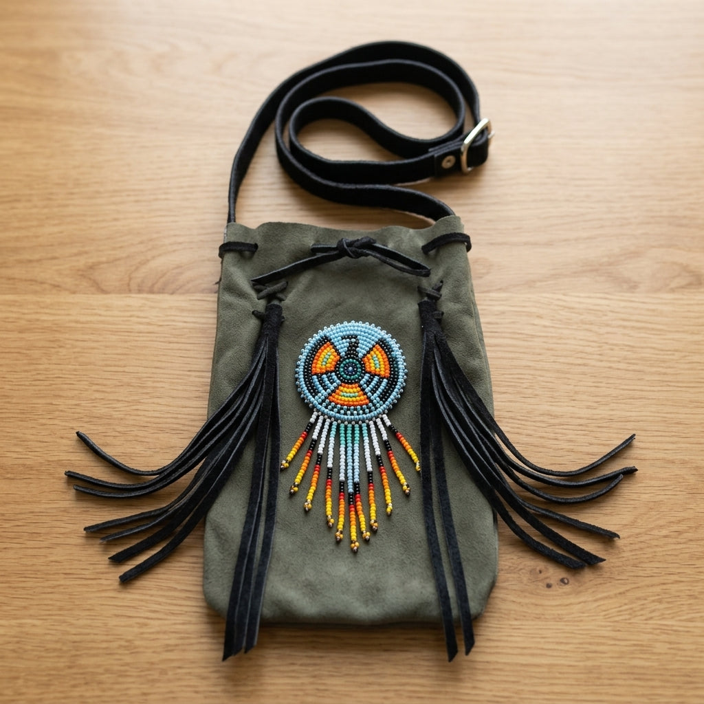 Beaded Suede Phone Pouch ~ Sage & Fringe Rosette