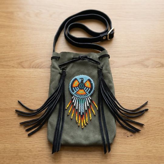 Beaded Suede Phone Pouch ~ Sage & Fringe Rosette