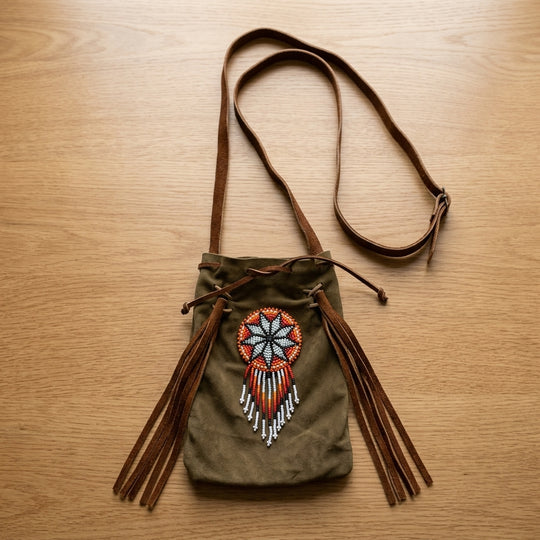 Beaded Suede Phone Pouch ~ light brown